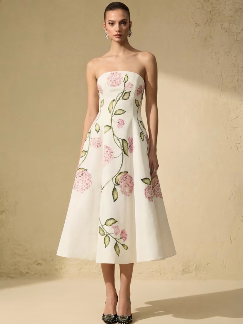 Strapless White Floral Midi Dress with Pink Hydrangea Print